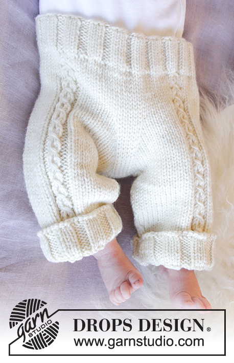 Little Cherub Pants / DROPS Baby 33-18 - Knitted pants for baby in DROPS Merino Extra Fine. Piece is knitted top down with false cables. Size 1 month - 4 years