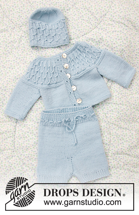 Stroll in the Park / DROPS Baby 33-26 - Jacket for baby with round yoke and textured pattern, knitted top down.  Shorts for baby with ties and rib. Piece is knitted in DROPS BabyMerino or DROPS Alpaca.
Size: Premature to 2 years