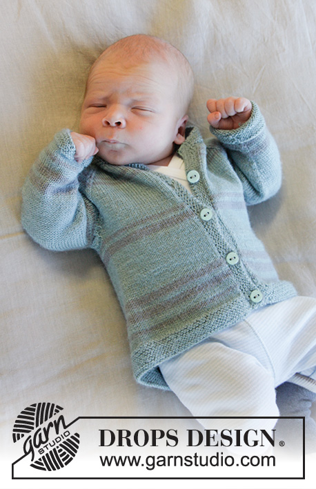 Little Brother Jacket / DROPS Baby 33-32 - Stickad kofta till baby med raglan och ränder i DROPS Baby Merino.
Storlek prematur – 4 år.
