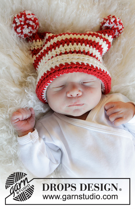 Tiny Elf / DROPS Baby 33-5 - DROPS Merino Extra Fine lõngast heegeldatud tuttidega triibuline beebi müts suurustele enneaegne kuni 4 aastane