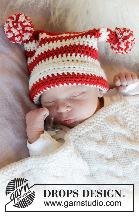 Tiny Elf / DROPS Baby 33-5 - Gorro bebé crochetado em DROPS Merino Extra Fine, com riscas e pompons. Tamanhos : prematuro - 4 anos