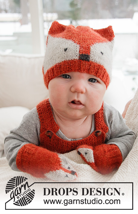 Baby Fox / DROPS Baby 36-1 - Komplet dziecięcy na drutach: czapka i rękawiczki z żakardem z lisem, z włóczki DROPS Alpaca. Od wcześniak do 4 lat.