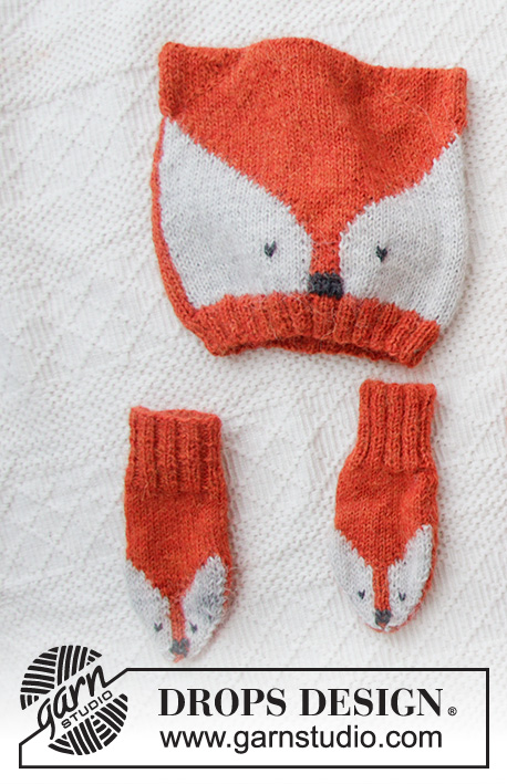 Baby Fox / DROPS Baby 36-1 - Komplet dziecięcy na drutach: czapka i rękawiczki z żakardem z lisem, z włóczki DROPS Alpaca. Od wcześniak do 4 lat.