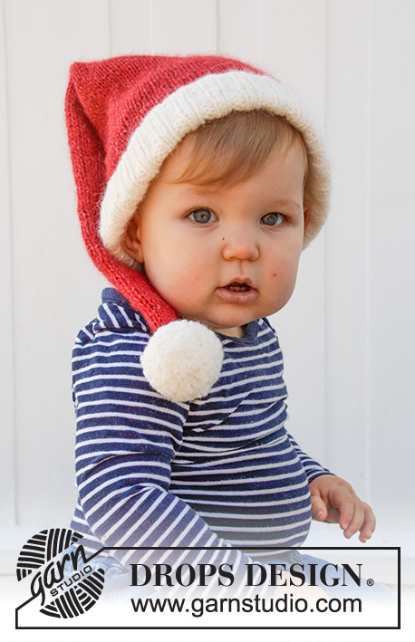 Sleepy Santa Hat / DROPS Baby 36-12 - Knitted Santa hat for babies in DROPS Air. The piece is worked in stocking stitch and rib. Sizes 0/1 months – 2 years. Theme: Christmas.