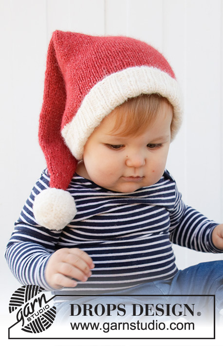 Sleepy Santa Hat / DROPS Baby 36-12 - Cappelli di Babbo Natale per bambini in DROPS Air. Lavorato a maglia rasata e coste. Taglie 0/1 mesi – 2 anni. Tema: Natale.
