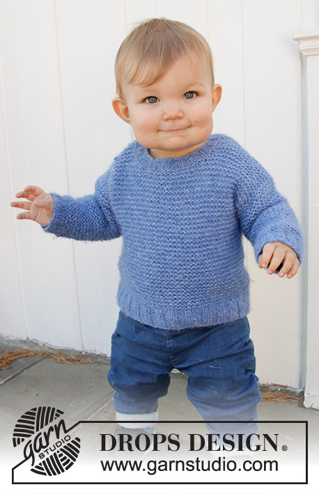 Baby Blue Note / DROPS Baby 36-13 - Strikket bluse til baby og børn i DROPS Air. Arbejdet strikkes oppefra og ned i retstrik. Størrelse 6 mdr – 8 år.
