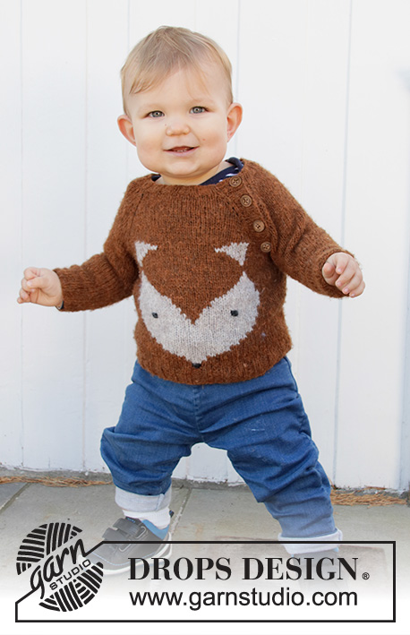 Little Fox / DROPS Baby 36-14 - Strikket genser med raglan til baby og barn i DROPS Sky. Arbeidet strikkes ovenfra og ned med revemønster. Størrelse 1 mnd – 8 år.
