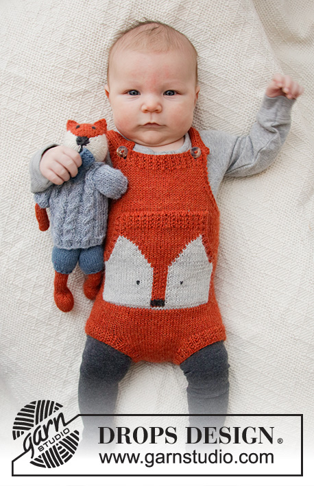 Baby Fox Onesie / DROPS Baby 36-2 - Dětské kalhotky s laclem, kapsou a liškou pletené z příze DROPS Alpaca. Velikost: nedonošení – 4 roky.