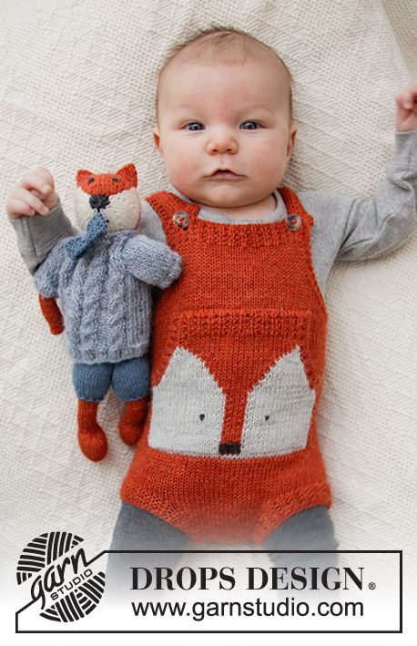 Baby Fox Onesie / DROPS Baby 36-2 - Dětské kalhotky s laclem, kapsou a liškou pletené z příze DROPS Alpaca. Velikost: nedonošení – 4 roky.