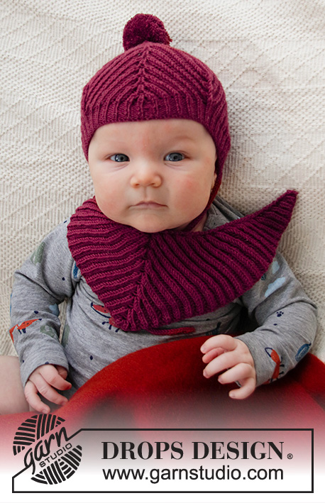 Baby Plum / DROPS Baby 36-7 - Gorro e babete tricotados para bebé, em canelado inglês, em DROPS BabyMerino. Tamanhos 1 mês – 4 anos.