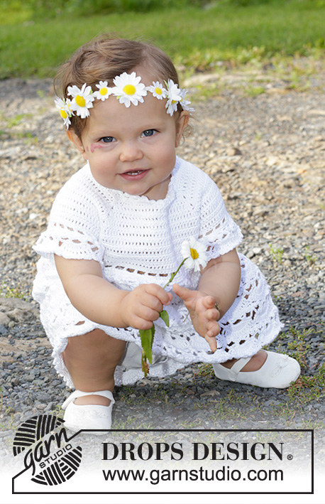 Spring Fairy / DROPS Baby & Children 38-1 - Crocheted dress for babies and children in DROPS Safran. The piece is worked top down with raglan and an open-fan pattern. Sizes 0 – 4 years.