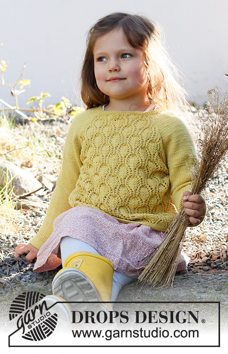 Sweet Marigold Sweater / DROPS Baby & Children 38-12 - Strikket genser til baby og barn i DROPS BabyMerino. Arbeidet strikkes ovenfra og ned med raglan og hullmønster. Størrelse 6 mnd - 8 år.