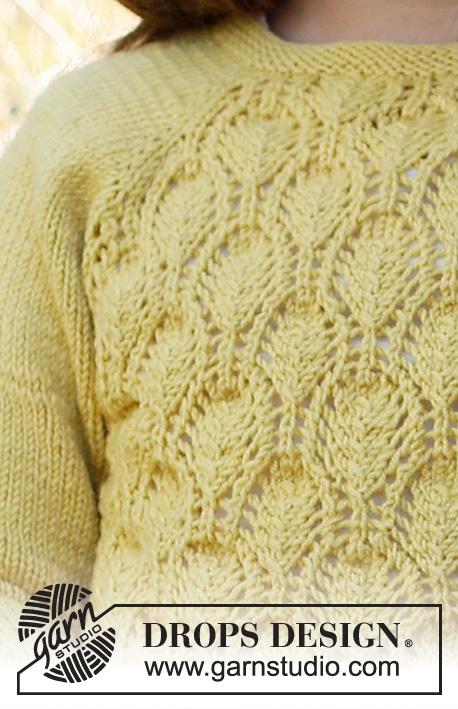Sweet Marigold Sweater / DROPS Baby & Children 38-12 - Jersey de punto para bebés y niños en DROPS BabyMerino. La prenda está realizada de arriba abajo con el raglán y el patrón de calados. Tallas 6 meses - 8 años.