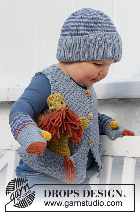Fun Outside Set / DROPS Baby & Children 38-16 - Bonnet et moufles tricotés pour bébé et enfant en DROPS Merino Extra Fine avec rayures. Du 12 mois au 12 ans
