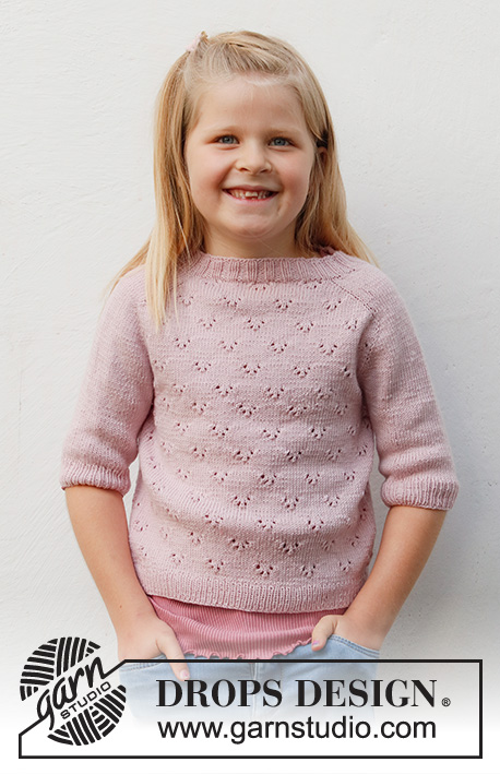 Pink Peony / DROPS Baby & Children 38-21 - Knitted sweater for children in DROPS Baby Merino. The piece is worked top down with saddle-shoulders, lace pattern and short sleeves. Sizes 3-14 years.