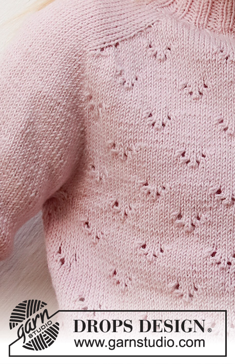 Pink Peony / DROPS Baby & Children 38-21 - Strikket genser til barn i DROPS Baby Merino. Arbeidet strikkes ovenfra og ned med sadelskulder, hullmønster og korte ermer. Størrelse 3-14 år.