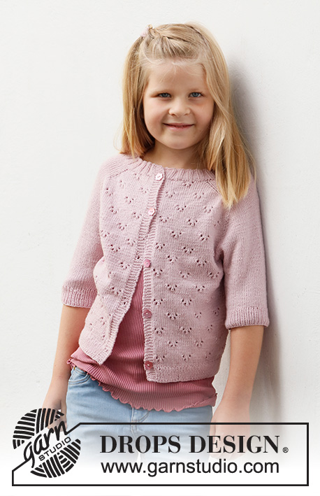 Pink Peony Cardigan / DROPS Baby & Children 38-22 - Knitted jacket for children in DROPS Baby Merino. The piece is worked top down with saddle-shoulders, lace pattern and short sleeves. Sizes 3-14 years.
