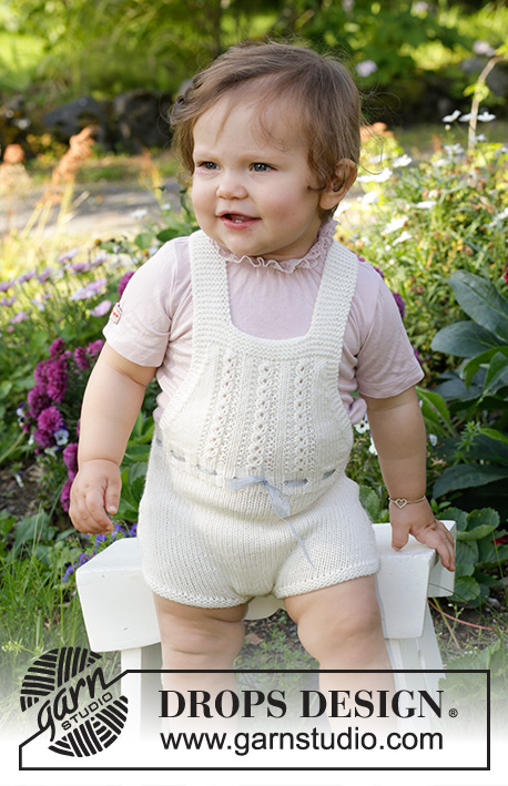 Magic in the Air / DROPS Baby & Children 38-4 - Knitted shorts with shoulder straps for baby and kids in DROPS BabyMerino. Piece is knitted with lace pattern and garter stitch. Size 1 month - 2 years