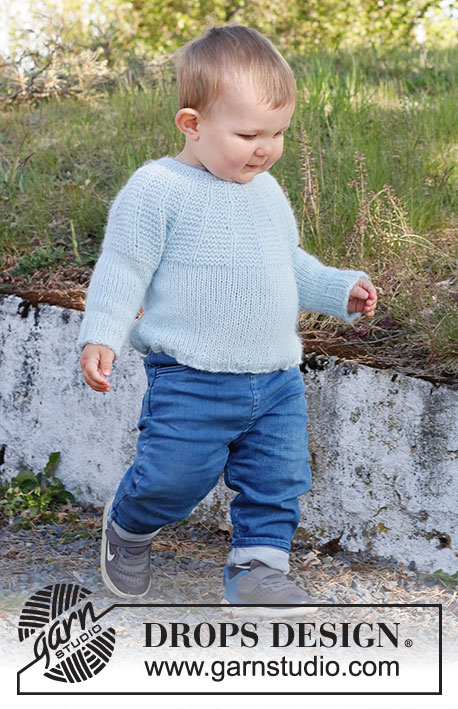 Around the Corner / DROPS Baby & Children 38-5 - Strikket genser til baby og barn i DROPS Air. Arbeidet strikkes med rundfelling ovenfra og ned med riller. Størrelse 12 mnd – 10 år.