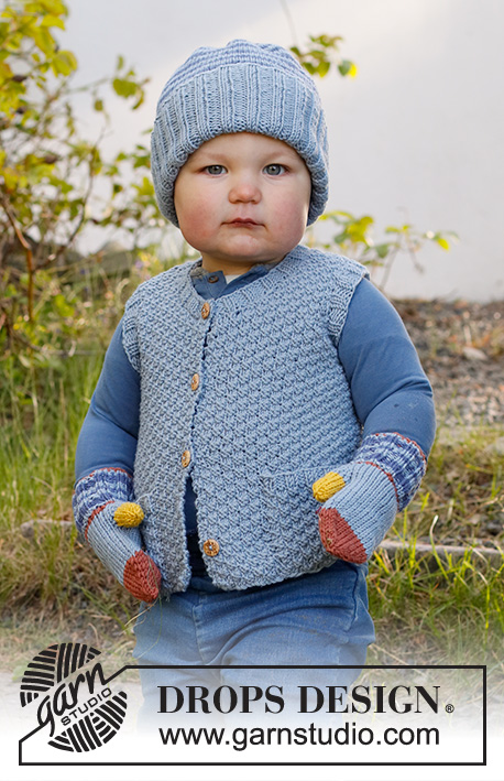 Neighbourhood Round / DROPS Baby & Children 38-6 - Knitted vest for baby and kids in DROPS Merino Extra Fine. Piece is knitted with V- neck and double moss stitch. Size 6 month - 8 years