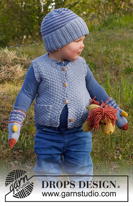Neighbourhood Round / DROPS Baby & Children 38-6 - Colete tricotado para bebé e criança em DROPS Merino Extra Fine, em ponto de arroz duplo, com decote em V. Tamanhos : 6 meses - 8 anos