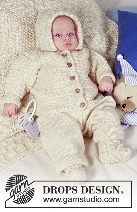 Lemon Souffle / DROPS Baby 4-1 - DROPS vest met of zonder capuchon in textuurpatroon, broek en sokken van BabyMerino. Deken van Karisma. Thema: babydeken