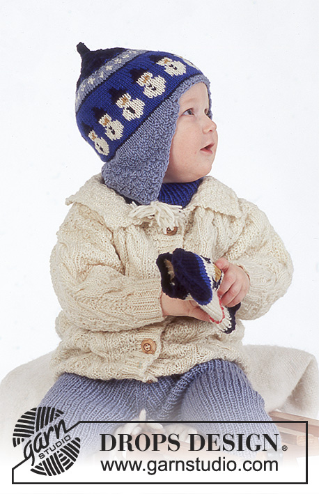 Riding Snowman / DROPS Baby 4-23 - Jacket with cable pattern, trousers, hat, neck warmer. Mittens and socks with snowman for baby & children in DROPS Karisma