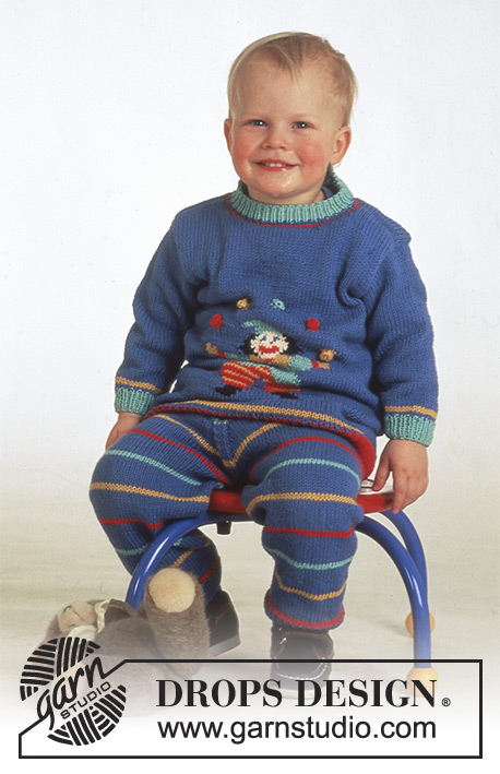 Clown in Town / DROPS Baby 4-5 - Sweter DROPS z motywem z motywem klauna i spodenki z włóczki Muskat lub Lima.