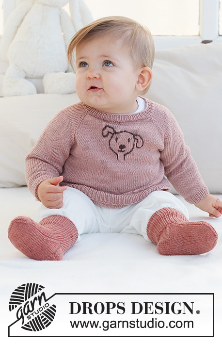 Woof Woof Sweater / DROPS Baby 42-1 - Knitted jumper for babies and children in DROPS BabyMerino. The piece is worked top down with raglan and embroidered dog. Sizes 0 - 4 years.