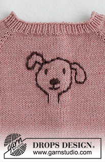 Woof Woof Sweater / DROPS Baby 42-1 - Strikket bluse til baby og børn i DROPS BabyMerino. Arbejdet strikkes oppefra og ned med raglan og en broderet hund. Størrelse 0 - 4 år.