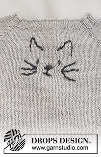 Meow Meow Sweater / DROPS Baby 42-2 - Prjónuð peysa fyrir börn úr DROPS Alpaca. Stykkið er prjónað ofan frá og niður með laskalínu og útsaumaðri kisu. Stærð 0 - 4 ára.