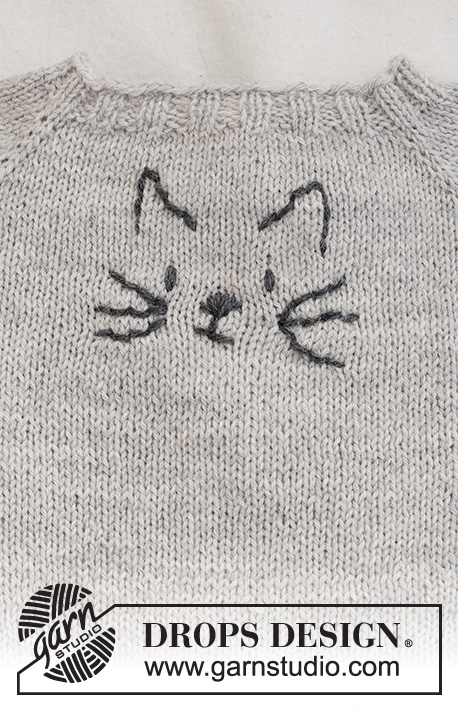 Meow Meow Sweater / DROPS Baby 42-2 - Strikket bluse til baby og børn i DROPS Alpaca. Arbejdet strikkes oppefra og ned med raglan og en broderet kat. Størrelse 0 - 4 år.