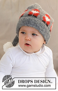 Merry Santas Hat / DROPS Baby 42-22 - Cappello per neonati lavorato ai ferri in DROPS Air. Lavorato con motivo con Babbo Natale e pompom. Taglie: 0 - 2 anni. Tema: Natale.