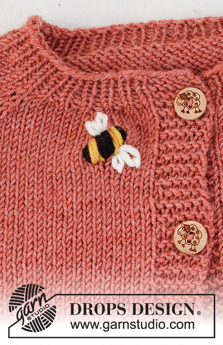 Little Bee Cardigan / DROPS Baby 42-4 - Casaco tricotado de cima para baixo para bebé e criança, com cavas raglan e bordado de abelha, em DROPS BabyMerino. Tamanhos: 0 - 4 anos.
