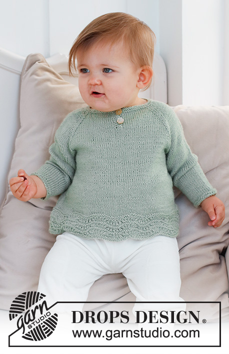Little Pea / DROPS Baby 42-8 - Dětský a baby raglánový pulovr s vlnkovým a ažurovým vzorem pletený shora dolů z příze DROPS Safran. Velikost 0 - 6 let.
