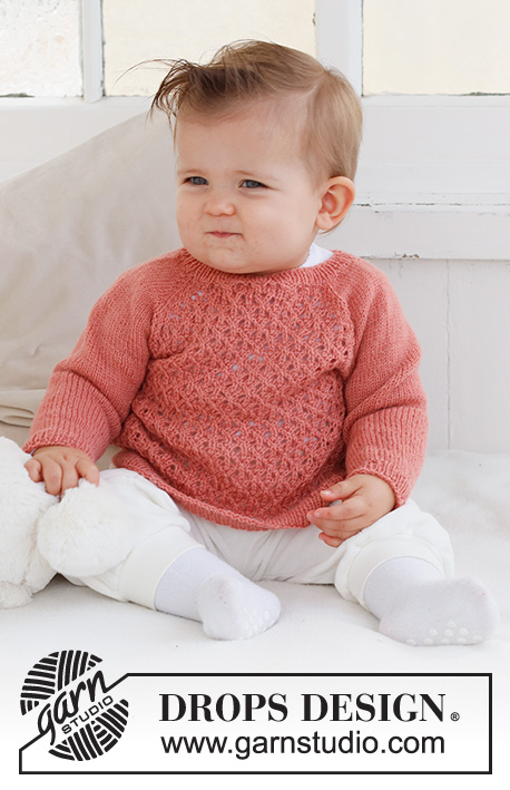 Cotswolds Sweater / DROPS Baby 43-1 - Knitted jumper for baby in DROPS Flora. The piece is worked top down, with raglan and lace pattern. Sizes 0 – 2 years.
