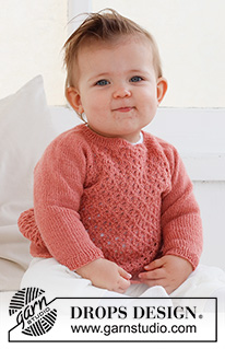 Cotswolds Sweater / DROPS Baby 43-1 - Pull tricoté de haut en bas pour bébé, avec emmanchures raglan et point ajouré, en DROPS Flora. Du 0 au 2 ans.