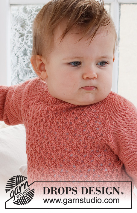 Cotswolds Sweater / DROPS Baby 43-1 - Sweter na drutach dla niemowląt i małych dzieci, przerabiany od góry do dołu, z reglanowymi rękawami i ściegiem ażurowym, z włóczki DROPS Flora. Od 0 do 2 lat.