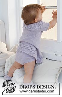 Bellflower Dress / DROPS Baby 43-11 - Vestido tricotado de cima para baixo para bebé e criança, com encaixe arredondado e ponto rendado, em DROPS Alpaca. Tamanhos: 0 - 4 anos.