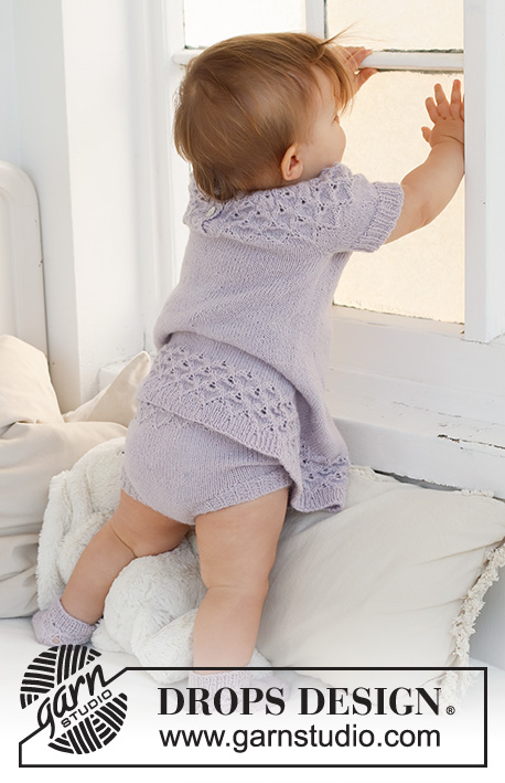 Bellflower Shorts / DROPS Baby 43-13 - Knitted shorts for baby in DROPS Alpaca. The piece is worked top down, with lace pattern and rib. Sizes 1 month – 2 years.