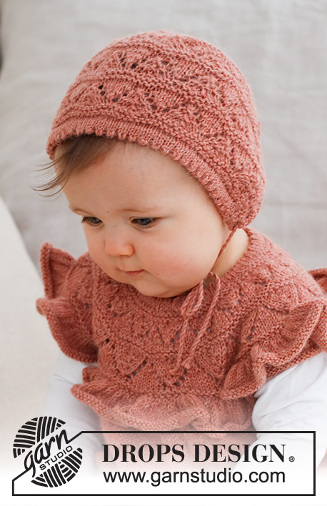 Sweet Primrose Bonnet / DROPS Baby 43-16 - Gebreide muts / bonnet voor baby’s in DROPS Alpaca. Het werk wordt gebreid met kantpatroon. Maten 0 – 2 jaar.