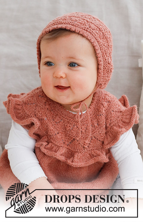 Sweet Primrose Bonnet / DROPS Baby 43-16 - Cappello / cuffietta lavorata ai ferri per neonati in DROPS Alpaca. Lavorato con motivo traforato. Taglie: 0 – 2 anni.