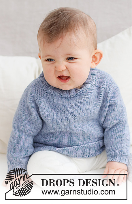 Blue Pebbles / DROPS Baby 43-4 - Sweter na drutach dla niemowląt i małych dzieci, przerabiany od góry do dołu, z rękawami typu saddle shoulder, z włóczki DROPS BabyMerino. Od rozmiaru wcześniak do 2 lat.