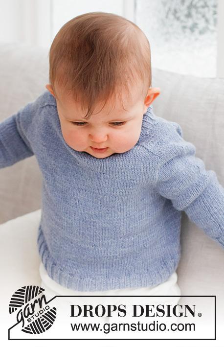 Blue Pebbles / DROPS Baby 43-4 - Pulôver tricotado de cima para baixo para bebé, com mangas martelo, em DROPS BabyMerino. Tamanhos: prematuro - 2 anos.