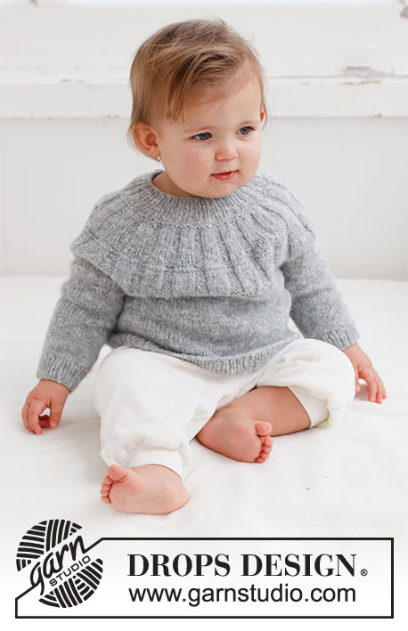 Sweet Gleam / DROPS Baby 43-5 - Knitted sweater for baby in DROPS Sky. The piece is worked top down, with round yoke and ribbing on the yoke. Sizes: Premature to 2 years.