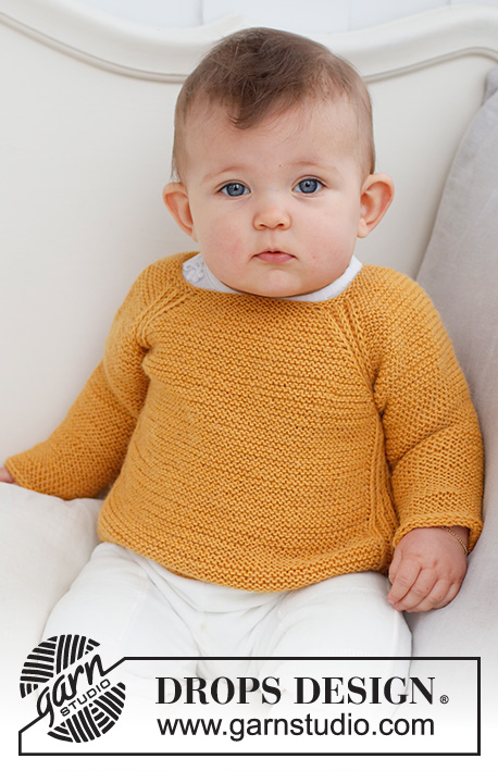 Happy Sunflower / DROPS Baby 43-9 - Strikket genser til baby og barn i DROPS Nord. Arbeidet strikkes ovenfra og ned med raglan, patent og riller. Størrelse 0 til 4 år.