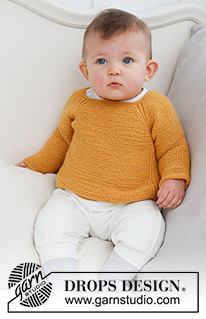 Happy Sunflower / DROPS Baby 43-9 - Strikket genser til baby og barn i DROPS Nord. Arbeidet strikkes ovenfra og ned med raglan, patent og riller. Størrelse 0 til 4 år.