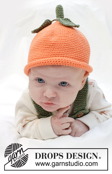 Sweet Tangerine Hat / DROPS Baby 45-11 - Bonnet orange / mandarine crocheté pour bébé en DROPS BabyMerino. Se crochète de haut en bas, avec tige et feuilles. Du 0 au 4 ans