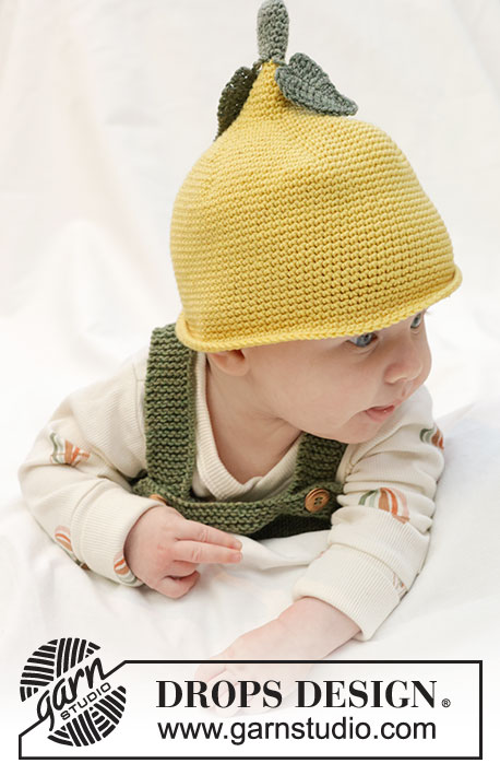Sweet Lemon Hat / DROPS Baby 45-12 - Crocheted lemon hat for baby in DROPS BabyMerino. Piece is worked top down with a lemon with stem and leaves. Size 0 - 4 years