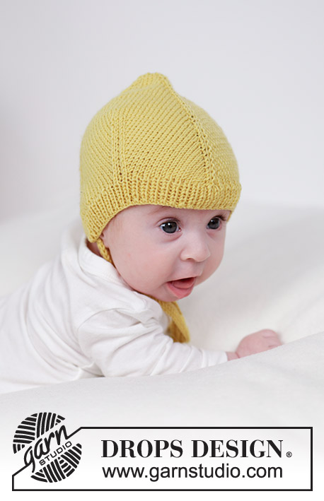 Lemonade Bonnet / DROPS Baby 45-14 - Gorro tricotado para bebé em DROPS BabyMerino. Tricota-se de cima para baixo. Tamanhos: 0 - 4 anos
